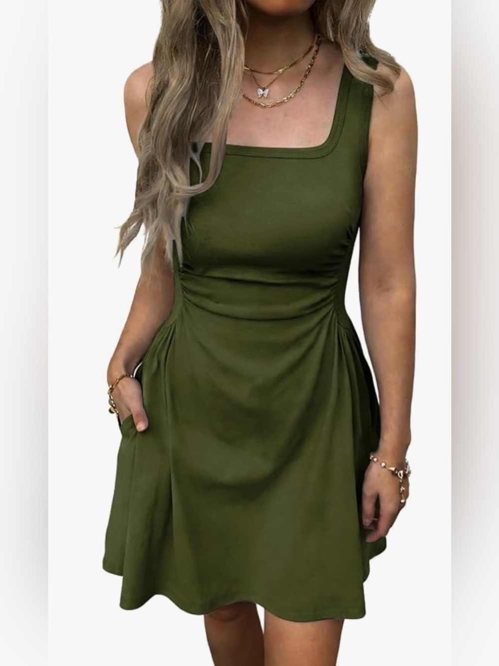 Square Neck Sleeveless Mini Dress Ruched Waist Corset Slim-Fit w/ pockets (M)